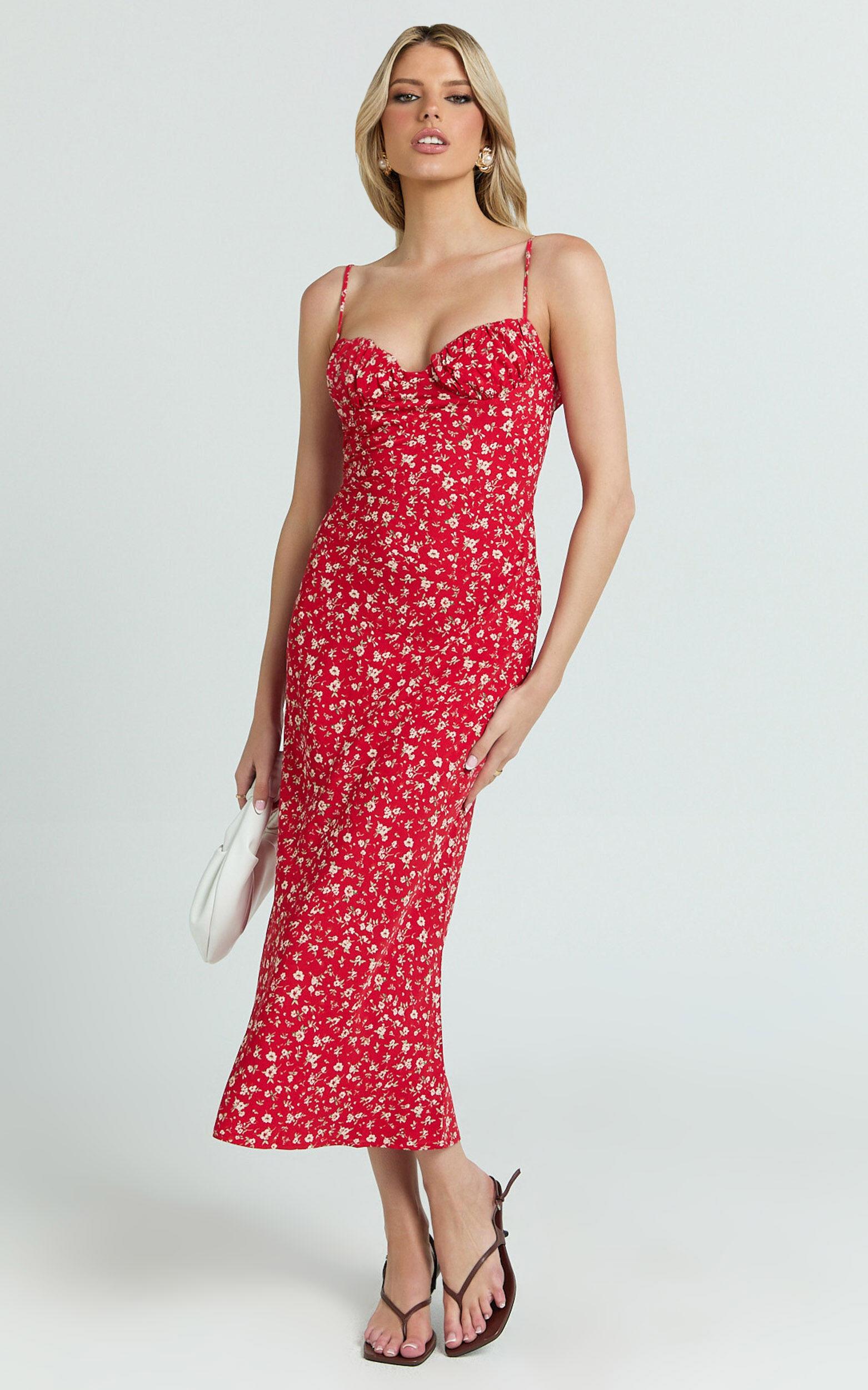 Hilton Midi Dress - Ruched Bust Slip Dress in Red Floral Product Image