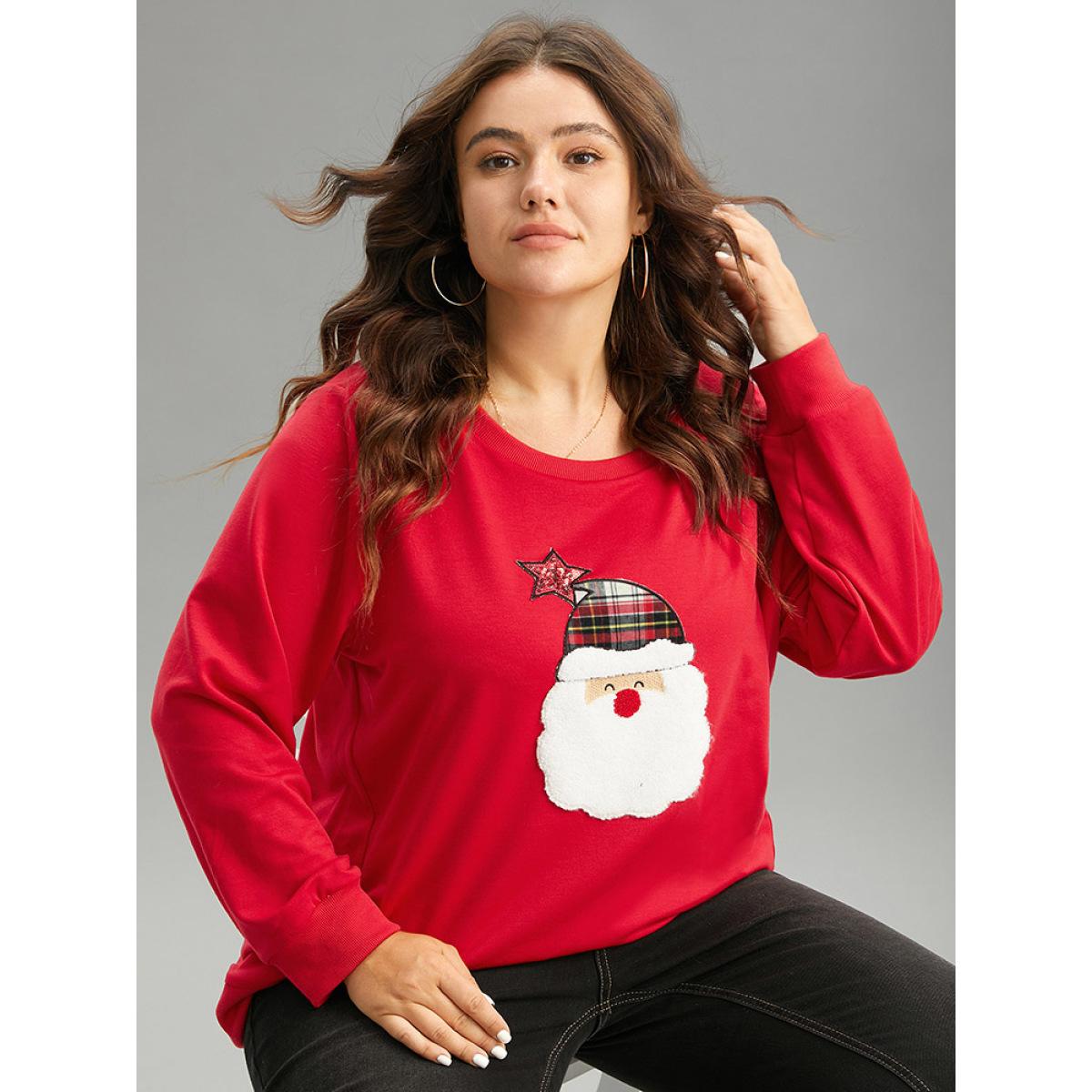 Plus Size Santa Claus Graphic Split Detail Sweatshirt Women Red Casual Rib Knit Festival-Christmas Sweatshirts BloomChic 12/L Product Image