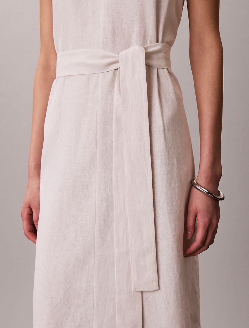 Linen Blend V-Neck Sleeveless Belted Dress Product Image