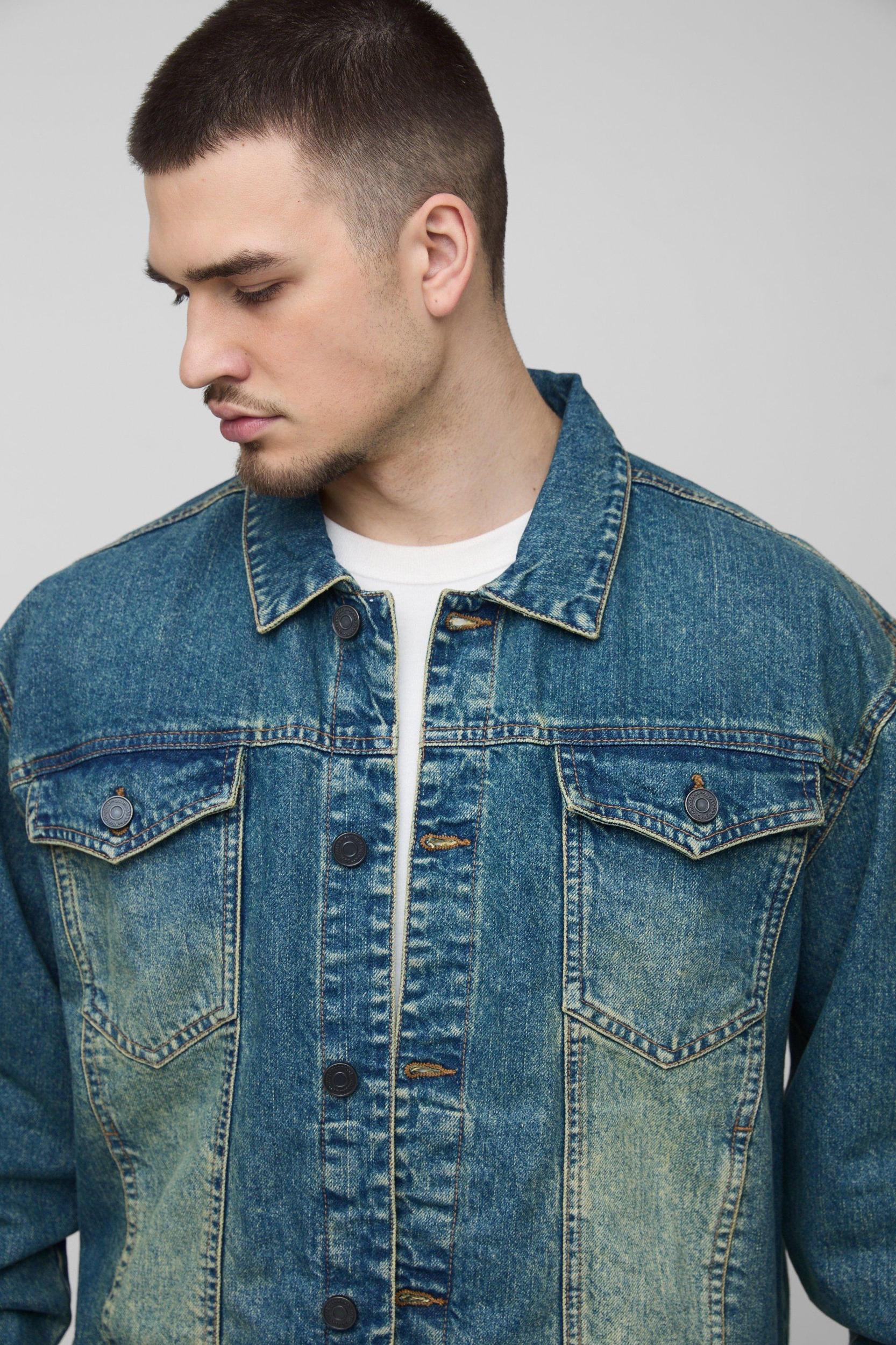 Tall Tinted Ripped Boxy Oversized Jean Jacket | boohooMAN USA Product Image