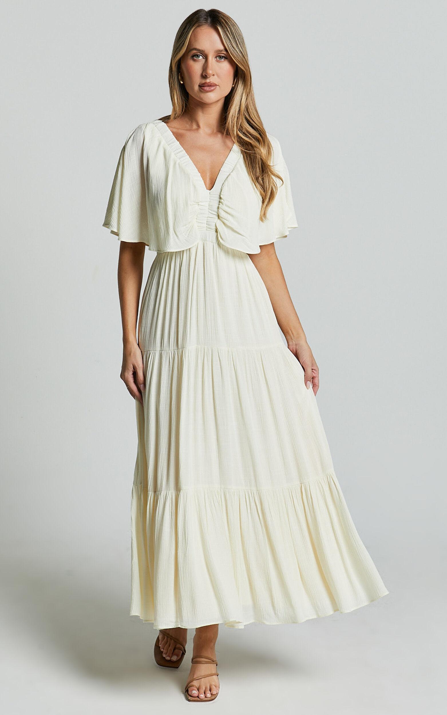 Danny Midi Dress - Ruffle Sleeve Tiered Dress in Natural Product Image