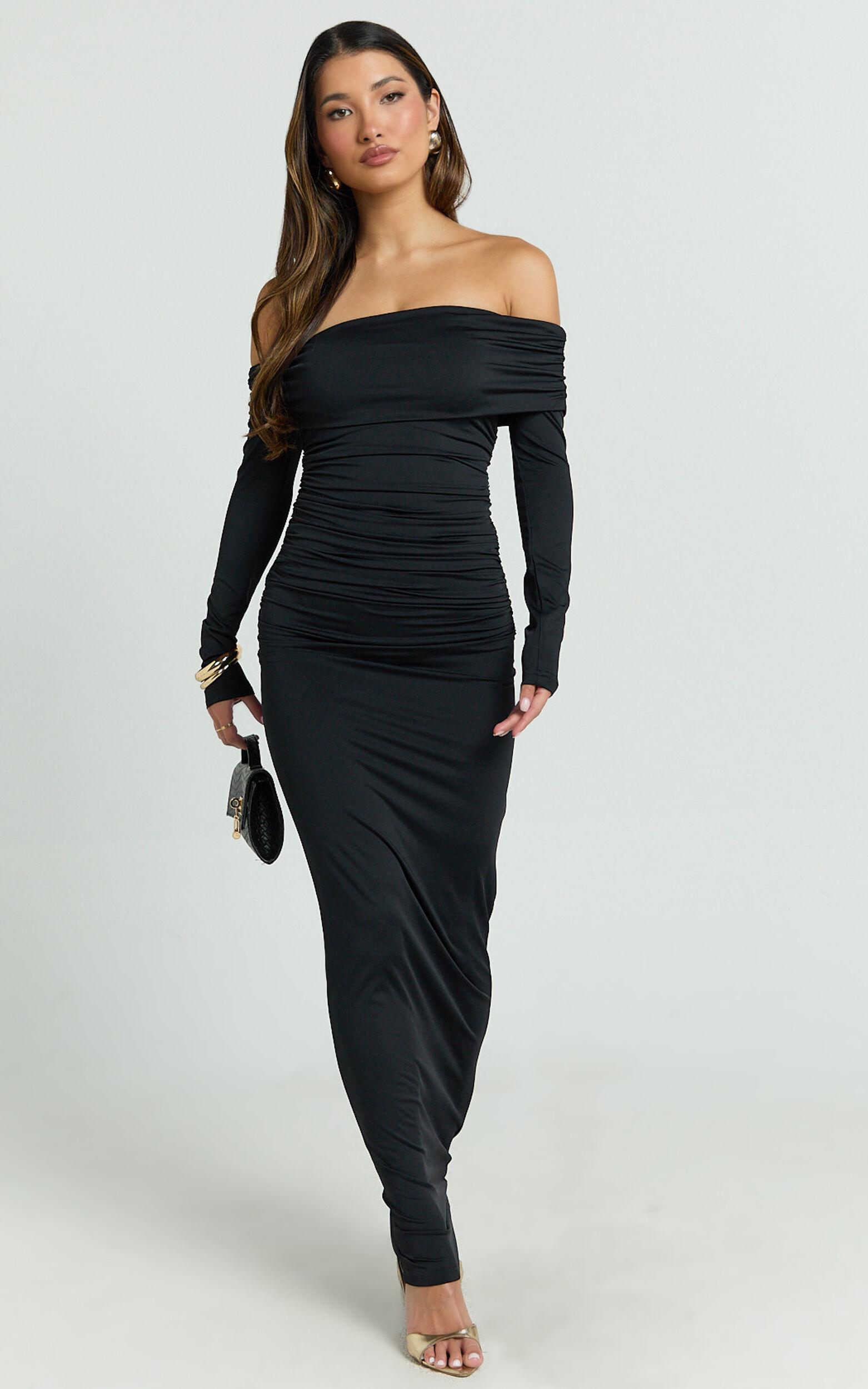 Emilie Maxi Dress - Off Shoulder Long Sleeve Ruched Jersey Dress in Black Product Image