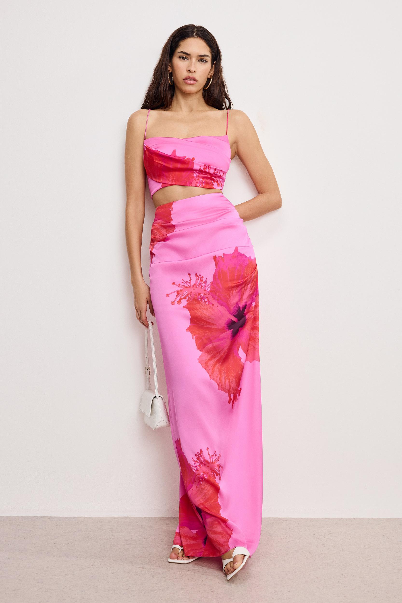 SATIN MAXI SKIRT | PINK HIBISCUS002 Product Image