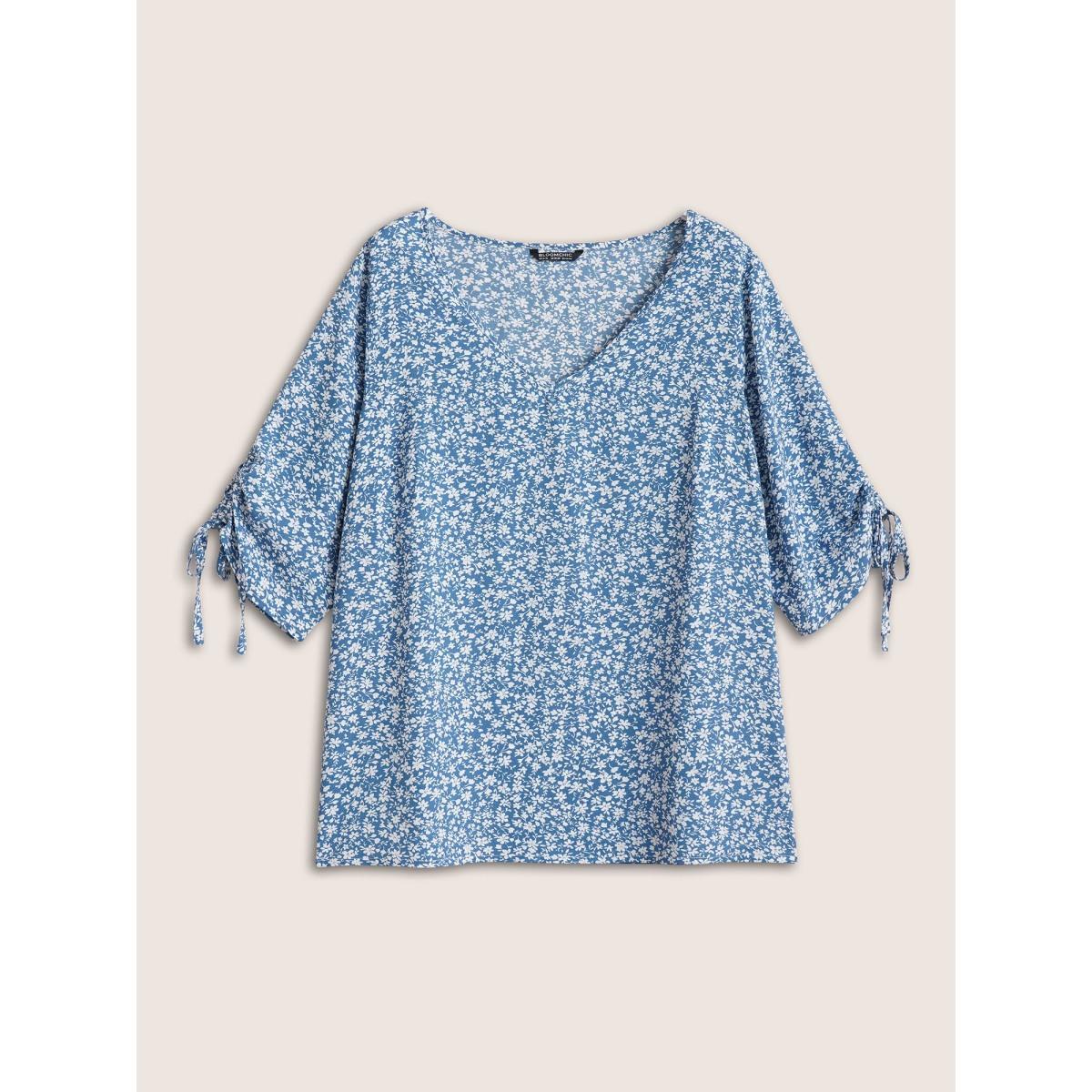 Plus Size Cerulean Ditsy Floral Knot Ties Sleeve Blouse Women Elegant Elbow-length sleeve V-neck Everyday Blouses BloomChic 10/M Product Image