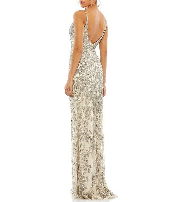 Mac Duggal Sequin V-Neck Floral Leaves Spaghetti Strap Scoop Back Detail Gown Product Image