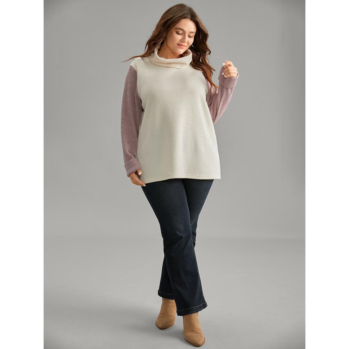 Plus Size Two Tone Turtle Neck Patchwork Sweatshirt Women White Casual Texture Turtleneck Dailywear Sweatshirts BloomChic 10/M Product Image