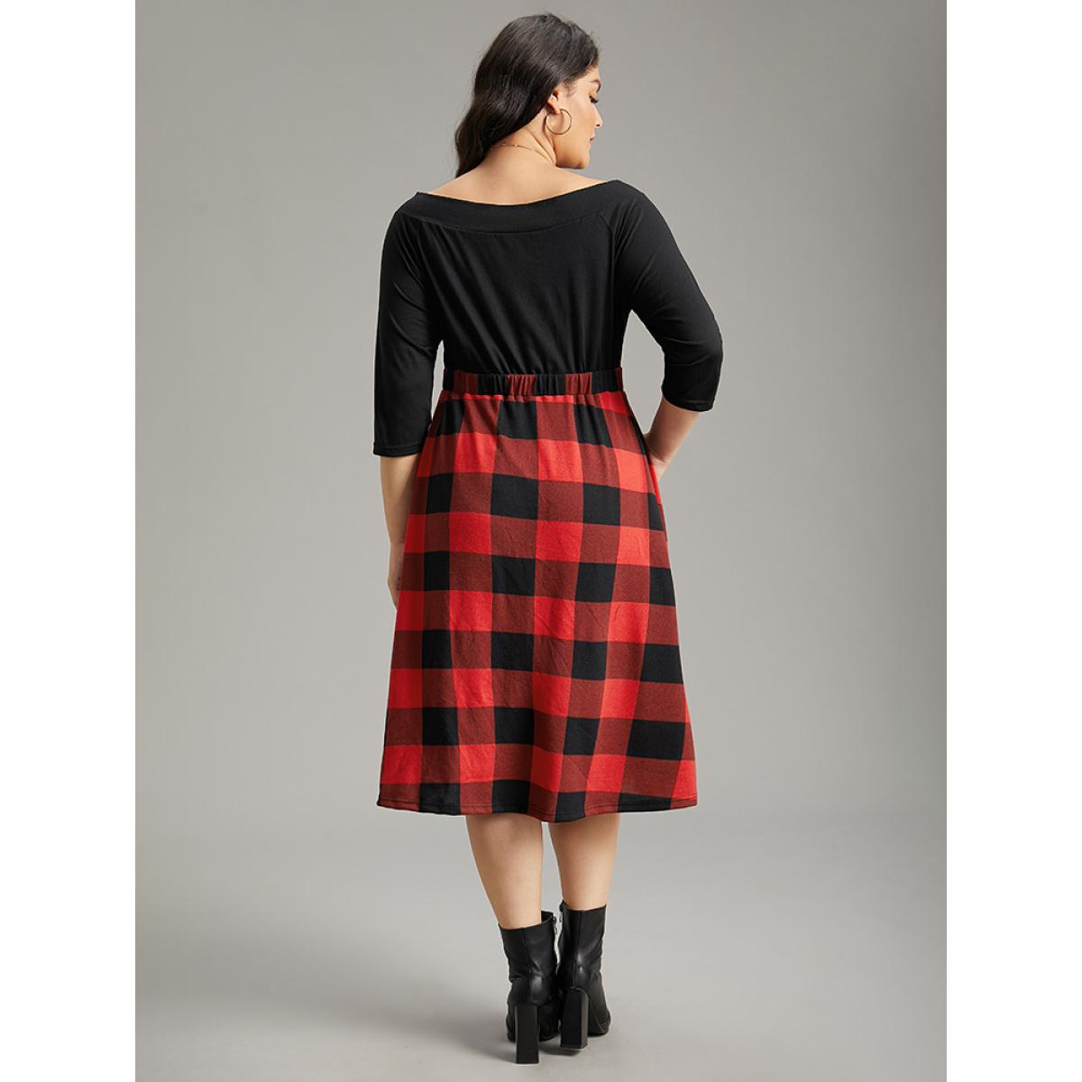 Plus Size Plaid Pocket Boat Neck Patchwork Dress Black Women Elegant Printed Boat Neck Elbow-length sleeve Curvy Midi Dress BloomChic 14-16/1X Product Image