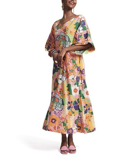 FRANCES VALENTINE Fin And Tonic Botanical Print V-Neck Elbow Sleeve Maxi Dress Product Image