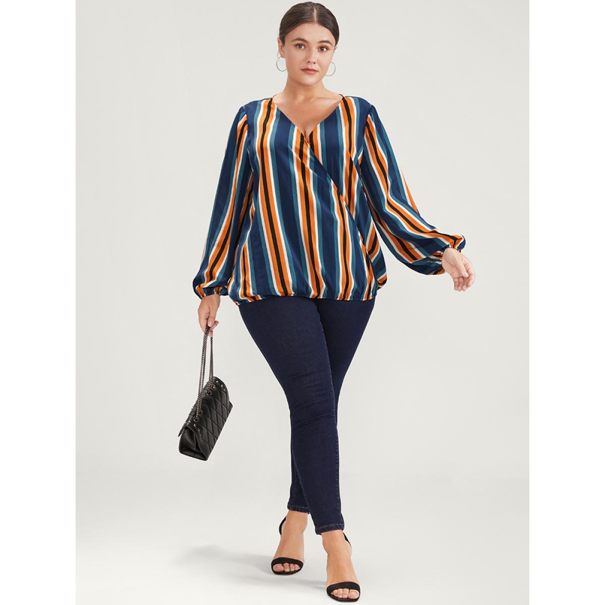 Plus Size Indigo Striped Lantern Sleeve Wrap Blouse Women Office Long Sleeve V-neck Office Blouses BloomChic 22-24/3X Product Image