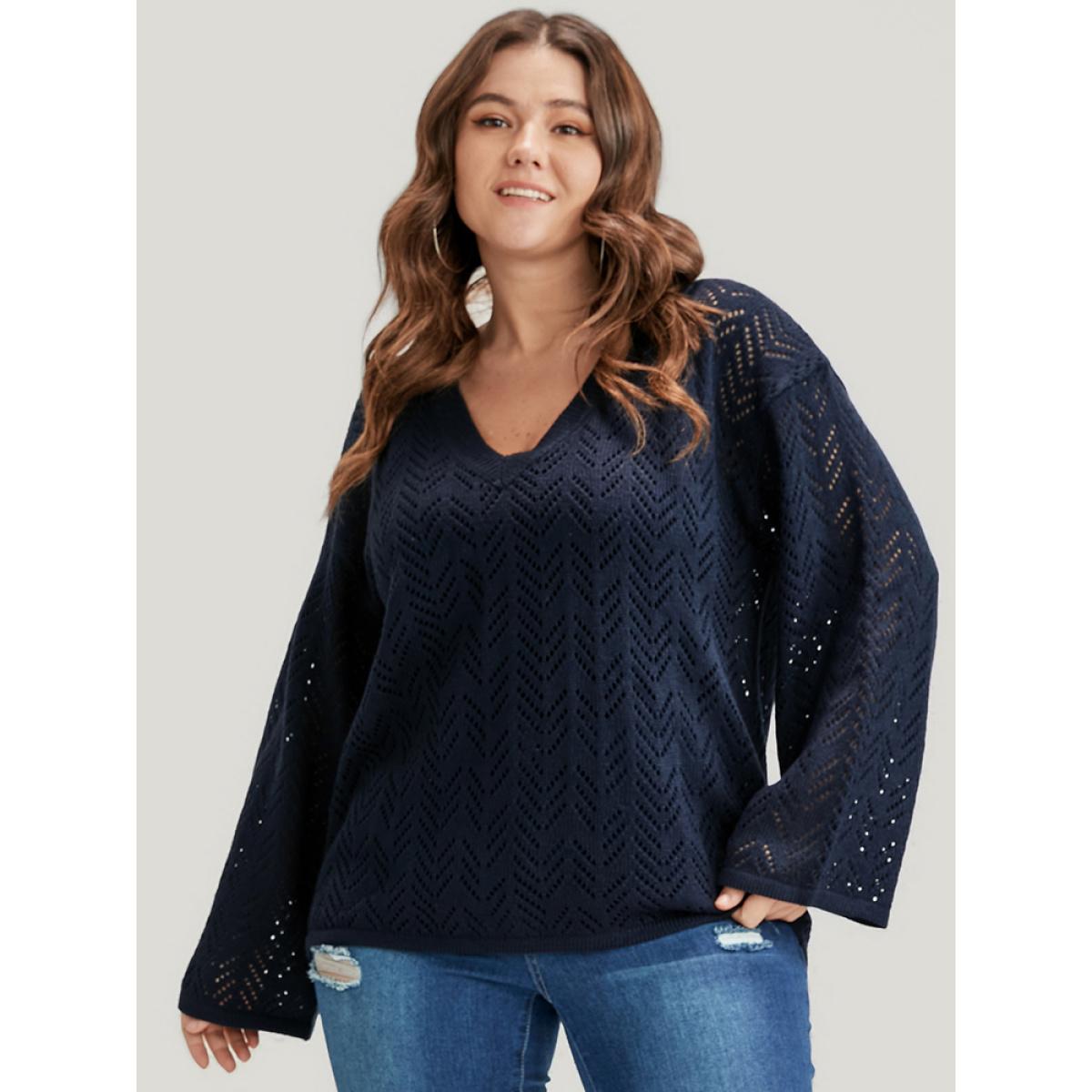 Plus Size Geometric Pointelle Knit V Neck Eyelet Knit Top Indigo Women Casual Loose Long Sleeve V-neck Dailywear Pullovers BloomChic 28/5X Product Image