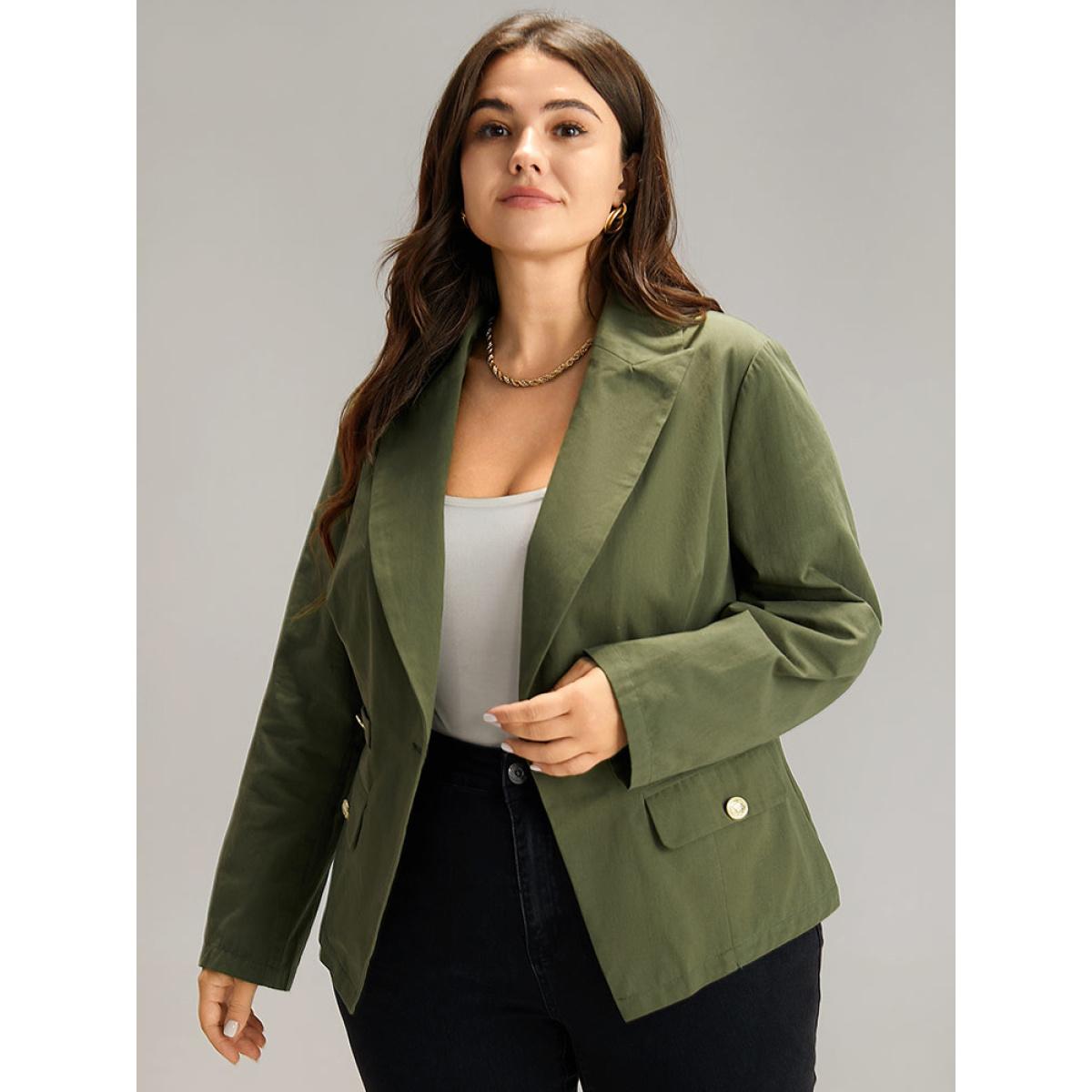 Plus Size Plain Suit Collar Buckle Detail Blazer ArmyGreen Women Office Plain Plain Sleeve Long Sleeve Suit Collar 10/M Office Blazers BloomChic Product Image