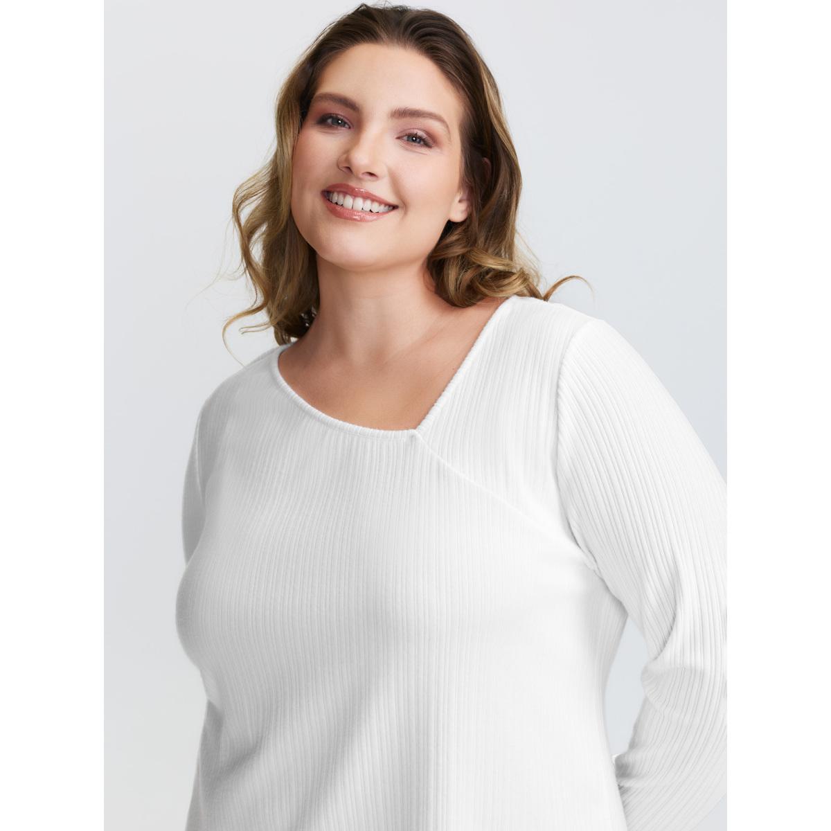 Plus Size Super Stretchy Ribbed Asymmetrical Neck T-Shirt WhiteSmoke Women Timeless Texture Asymmetrical Neck Elegant T-shirts BloomChic 14-16/1X Product Image