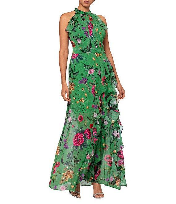 Betsy & Adam Halter Neck Ruffle Front Floral Print Maxi Dress Product Image