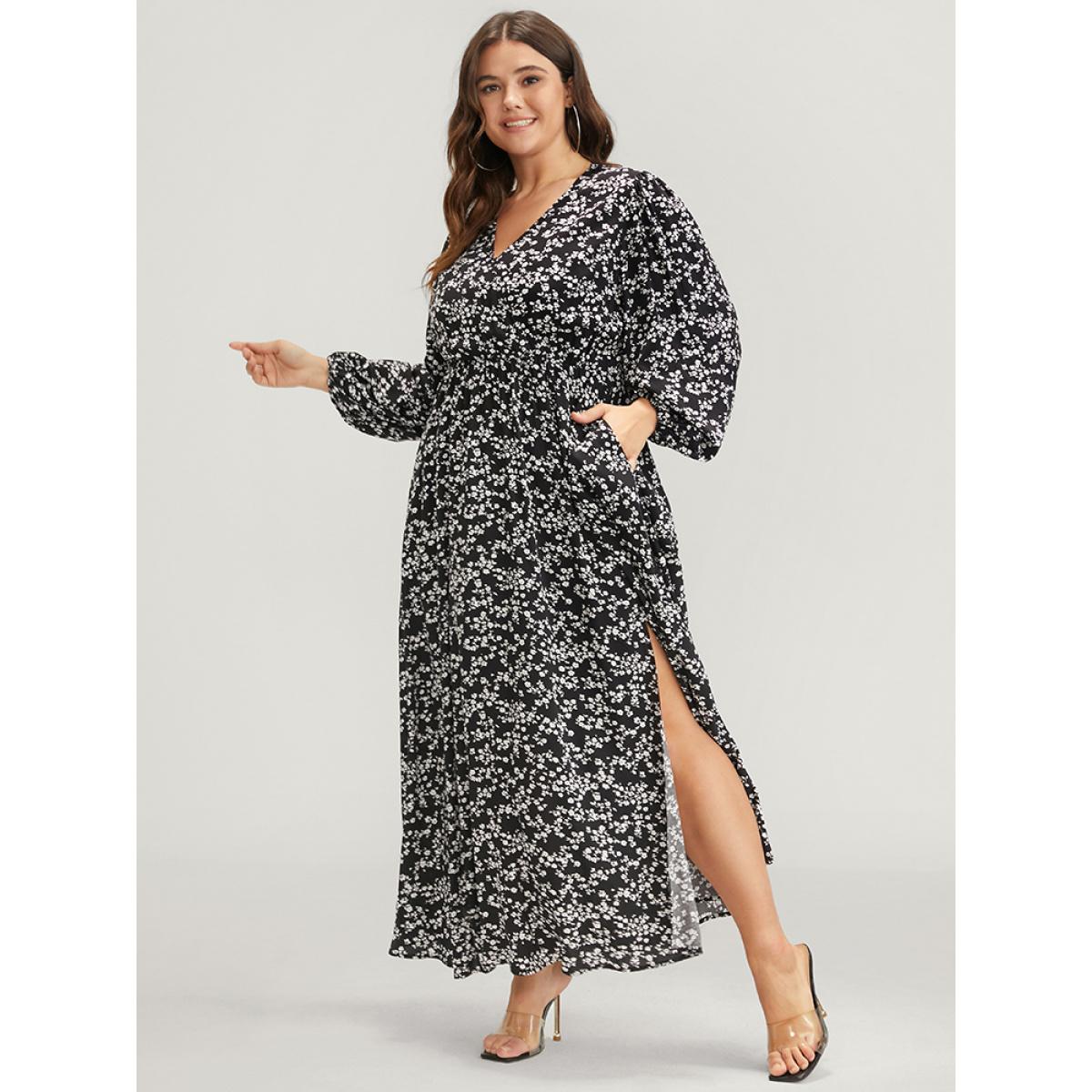 Plus Size Ditsy Floral Lantern Sleeve Pocket Split Maxi Dress BlackFlower Women Elegant Pocket V-neck Long Sleeve Curvy Long Dress BloomChic 10/M Product Image