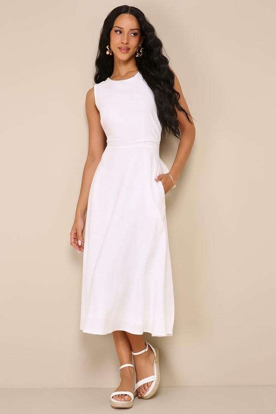 Sunny Energy White Linen Lace-Up Midi Dress with Pockets Product Image