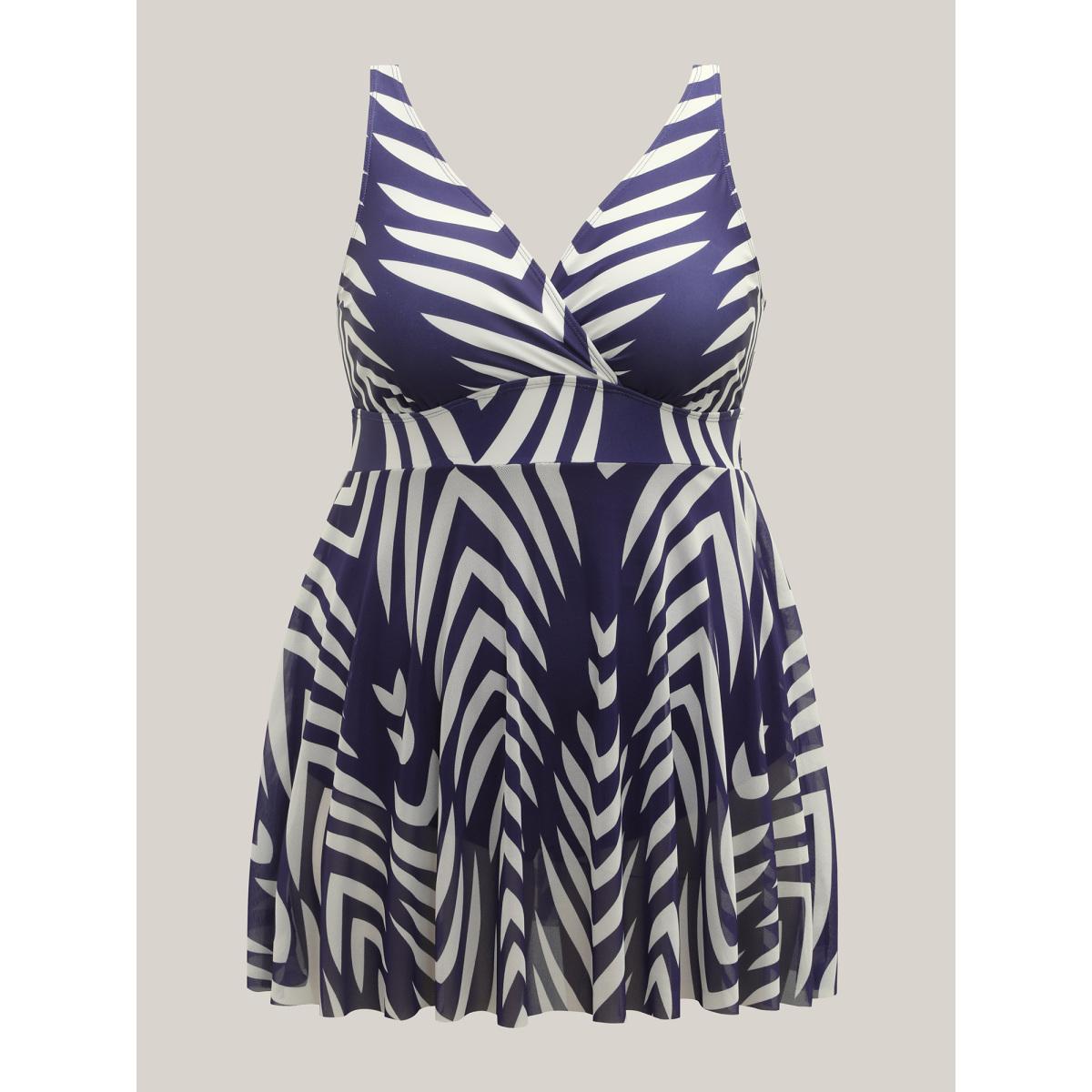 Plus Size Geometric Print Mesh Surplice Swim Dress Women's Swimwear Indigo Resort Bodycon Overlap Collar High stretch Curve Swim Dresses BloomChic 28/5X Product Image