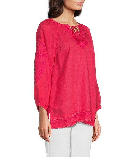 John Mark Linen Embroidered Split Neck 3/4 Sleeve Tunic Product Image