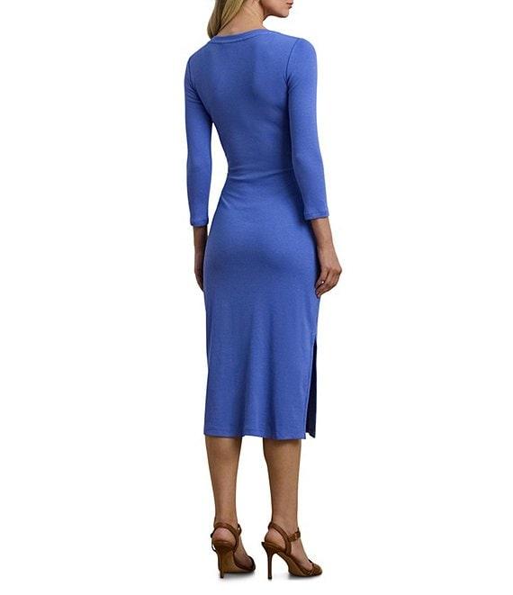 Lauren Ralph Lauren Rib Knit Crew Neck Long Sleeve Front Tie Sheath Midi Dress Product Image