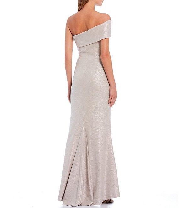 Eliza J Off-the-Shoulder Short Sleeve Side Ruched Foiled Knit Sheath Gown Product Image