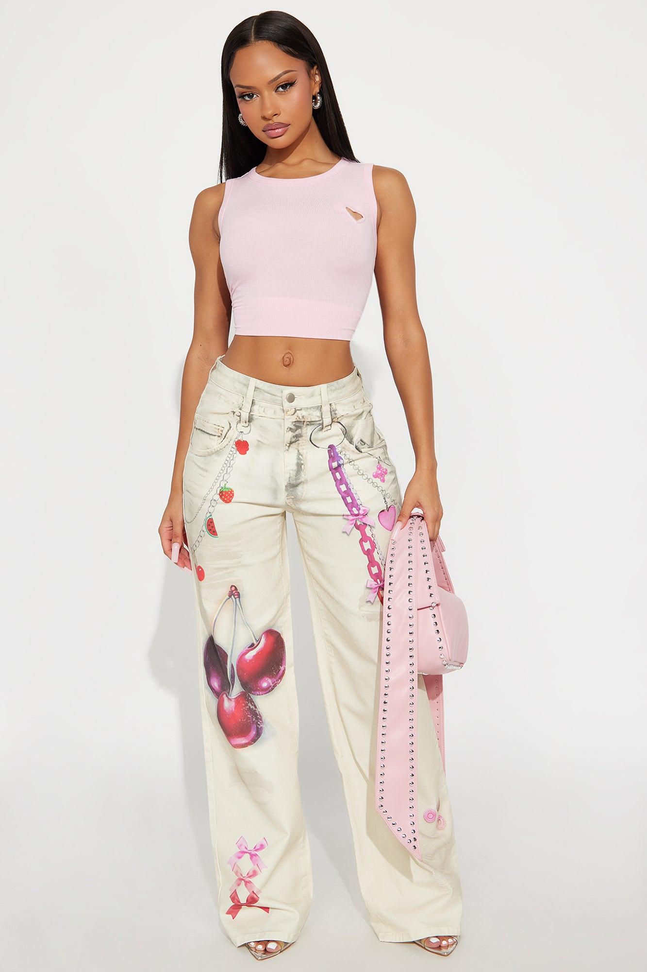 Cherry On Top Printed Wide Leg Jeans - Ivory Female Product Image