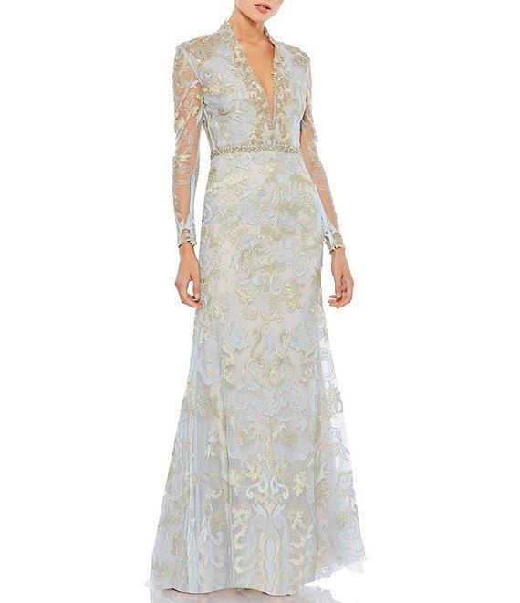 Mac Duggal Sheer Long Sleeve Deep V-Neck Applique A-Line Gown Product Image