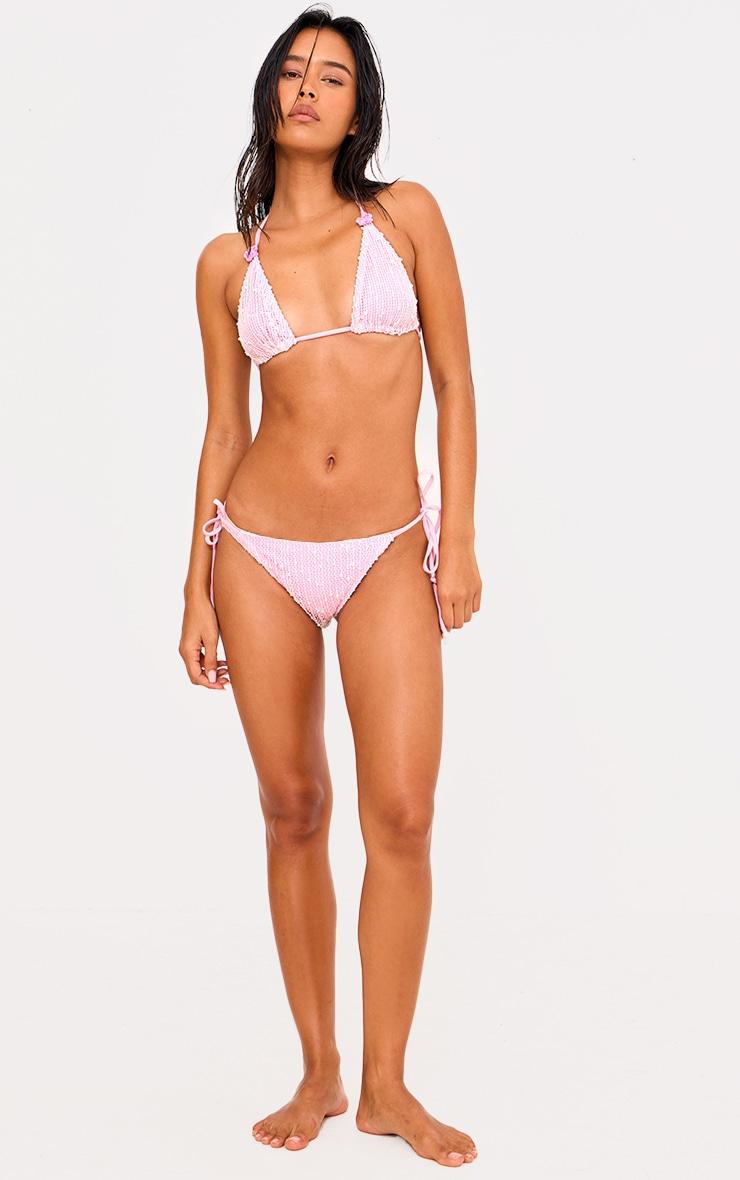 Pink Textured Overlay Tie Side Bikini Bottoms Product Image