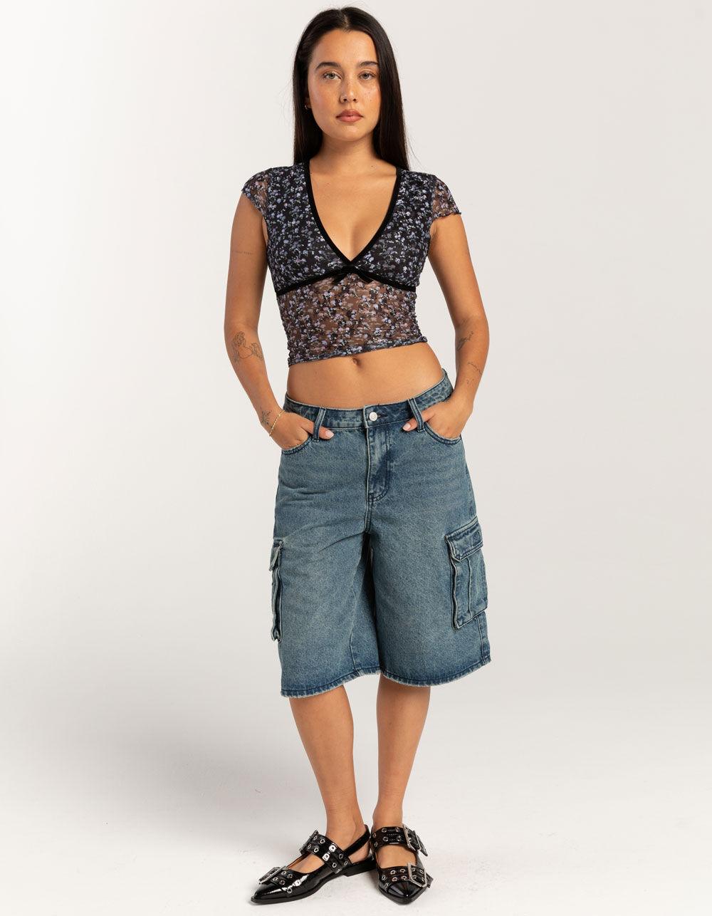 FULL TILT Printed Lace Womens V-Neck Top - BLK/MULTI Product Image