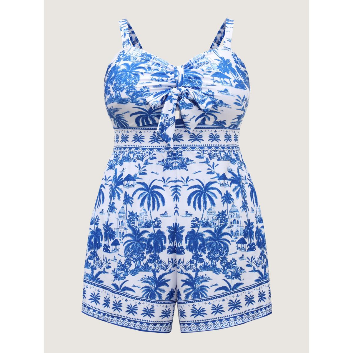Plus Size Tropical Print Tie One-Piece Swimsuit Women's Swimwear Indigo Beach Tie knot Curve Bathing Suits High stretch One Pieces BloomChic 28/5X Product Image