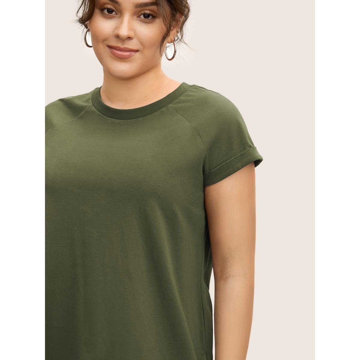 Plus Size Cotton Solid Crew Neck Roll Sleeve T-shirt ArmyGreen Women Casual Roll Hem Round Neck Everyday T-shirts BloomChic 12/L Product Image