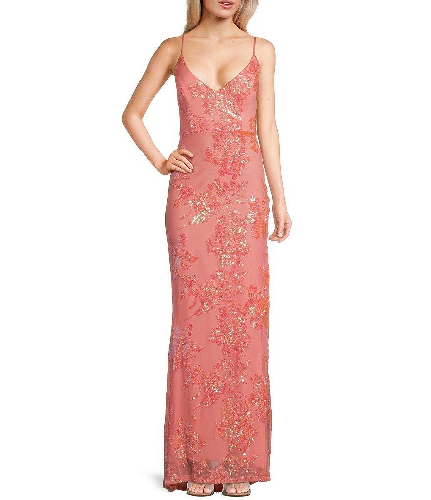 Honey and Rosie Floral Sequin Spaghetti Strap V-Neck Dress Product Image