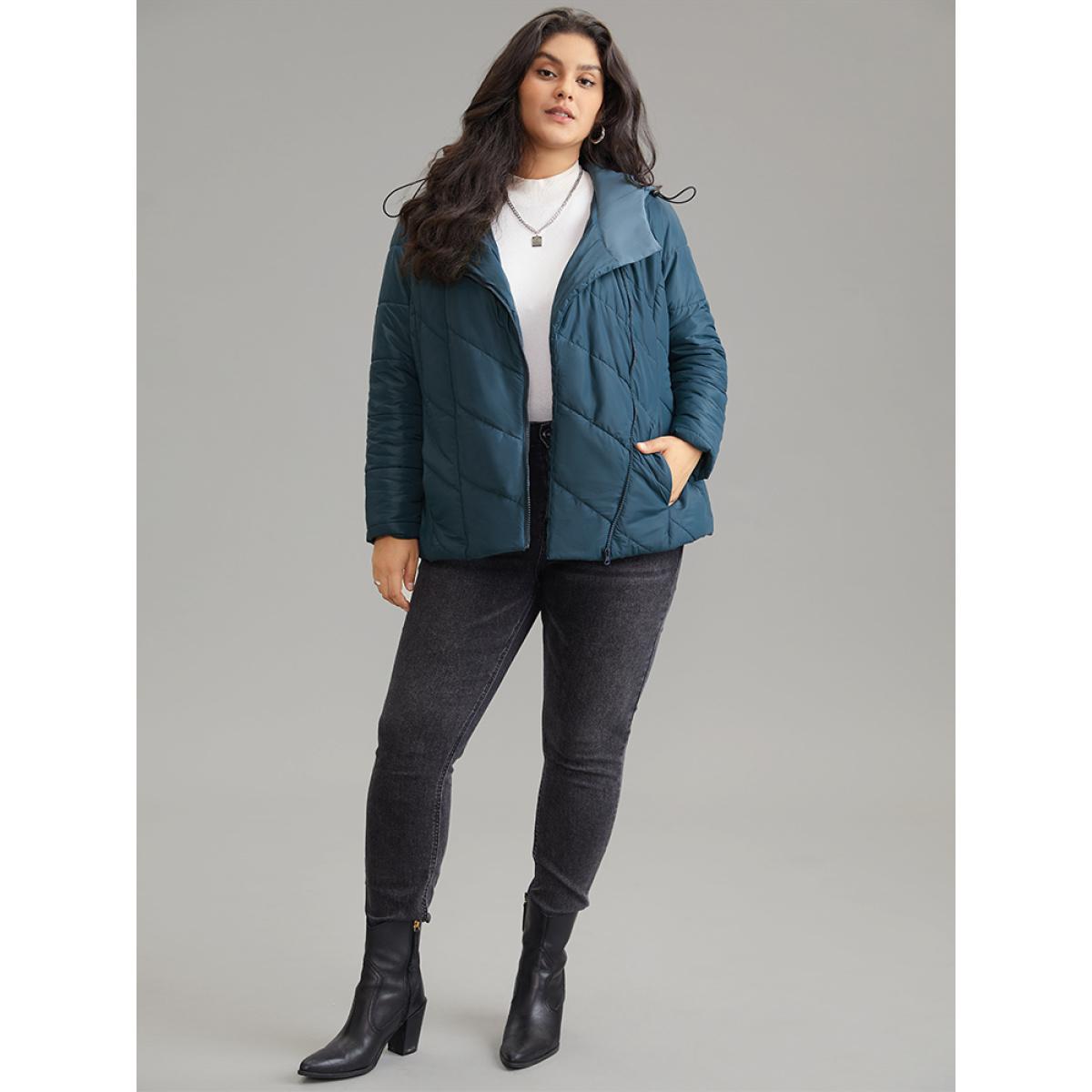 Plus Size Plain Drawstring Padded Zipper Pocket Hooded Jacket Women Blue Lined Pocket Dailywear Jackets BloomChic 18-20/2X Product Image