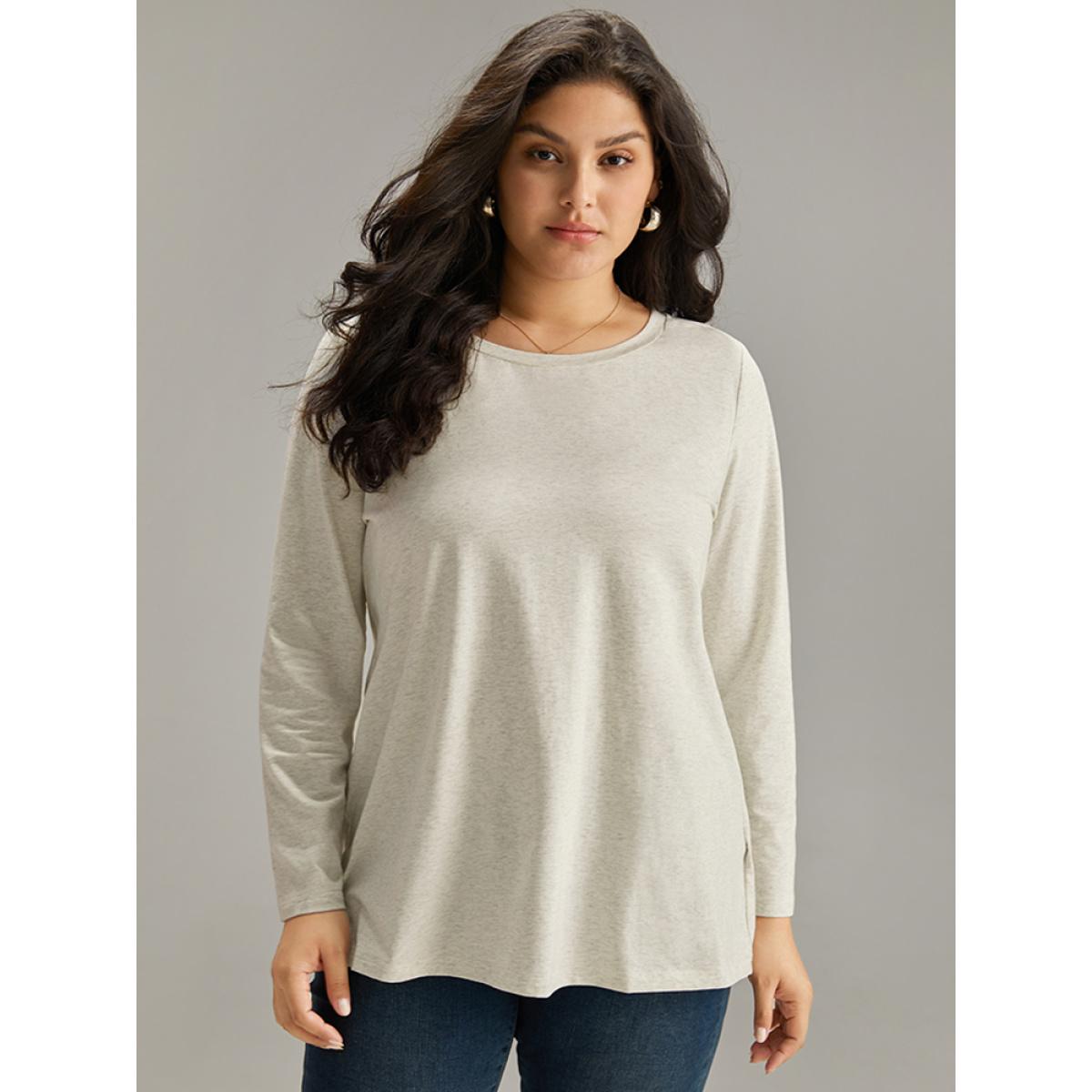 Plus Size Cotton Heather Long Sleeve T-shirt LightGray Women Casual Plain Plain Round Neck Dailywear T-shirts BloomChic 10/M Product Image