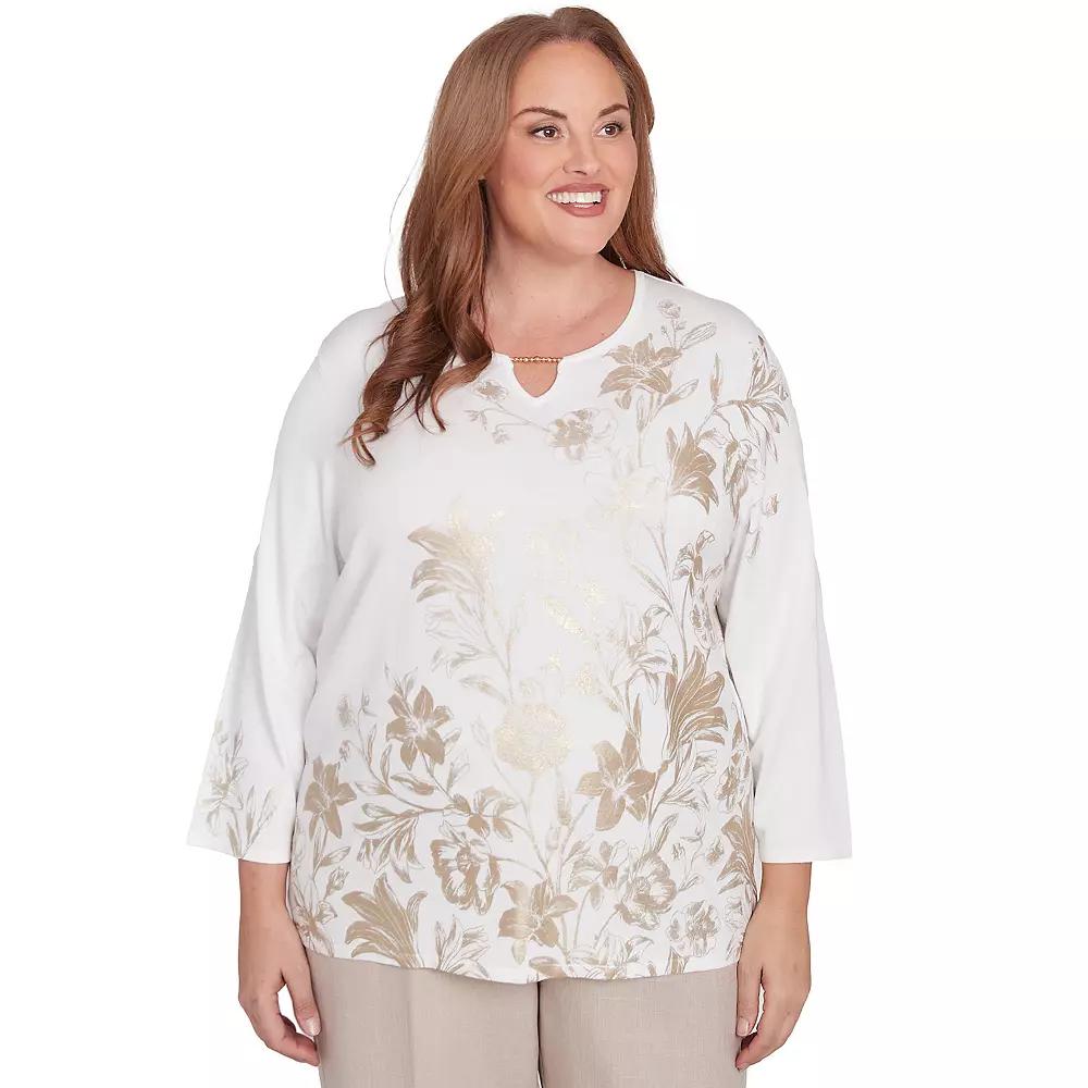 Plus Size Alfred Dunner Splitneck Botanical Gold Foil Print Top, Women's, Size: 2XL, Neutral Team Product Image