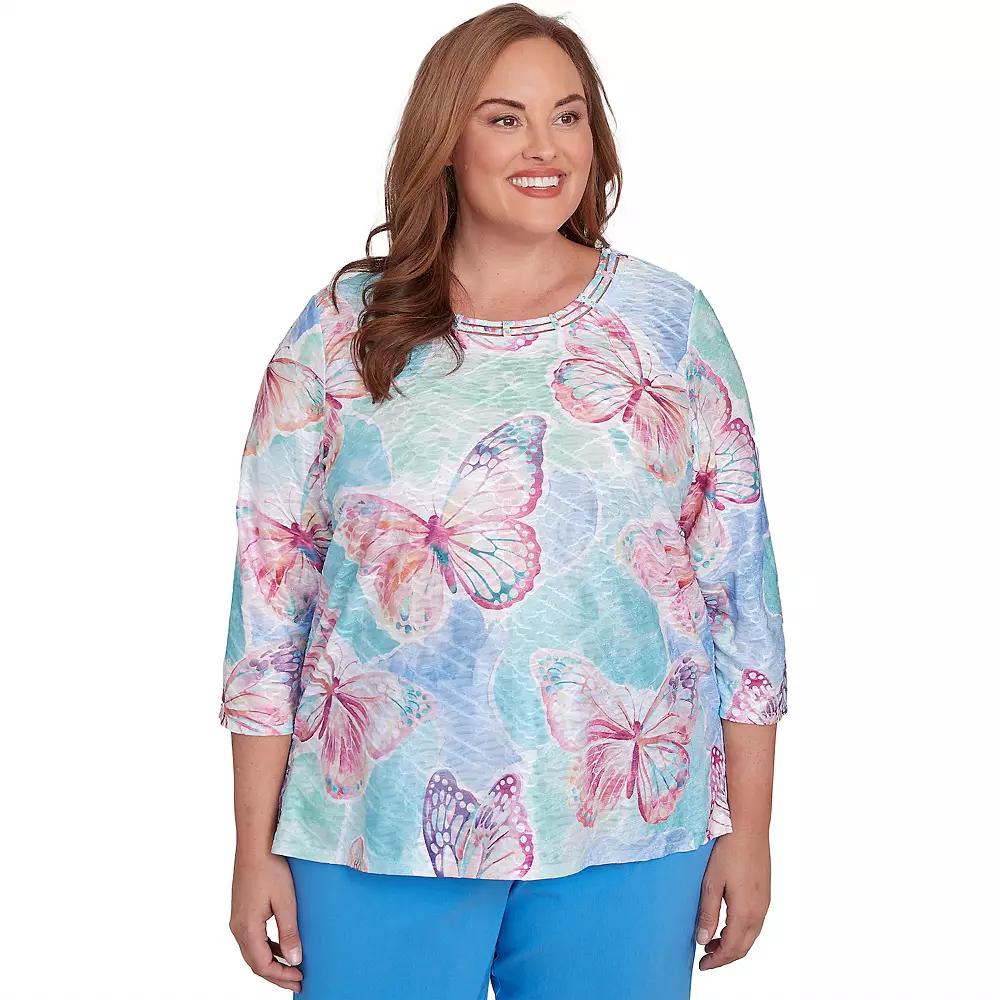 Plus Size Alfred Dunner Butterfly Crewneck Three Quarter Sleeve Top, Women's, Size: 2XL, Pink Team Product Image