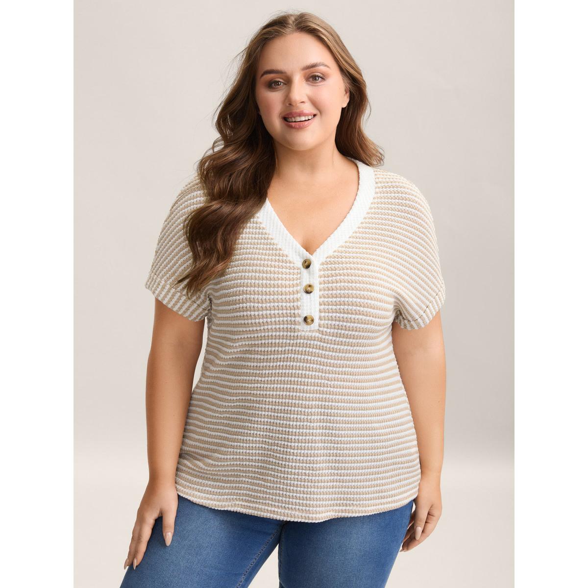 Plus Size Striped Half Placket Waffle T-Shirt Apricot Women Casual Texture V-neck Everyday T-shirts BloomChic 30/6X Product Image