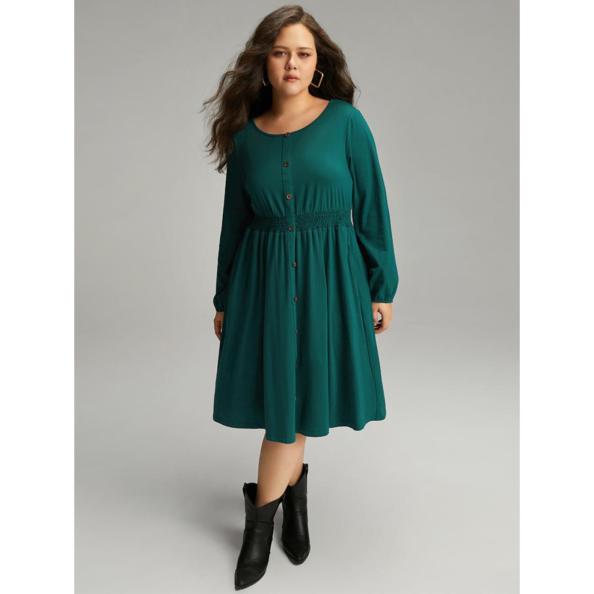 Plus Size Cotton Shirred Button Detail Dress Cyan Women Casual Elastic cuffs Round Neck Long Sleeve Curvy Midi Dress BloomChic 14-16/1X Product Image