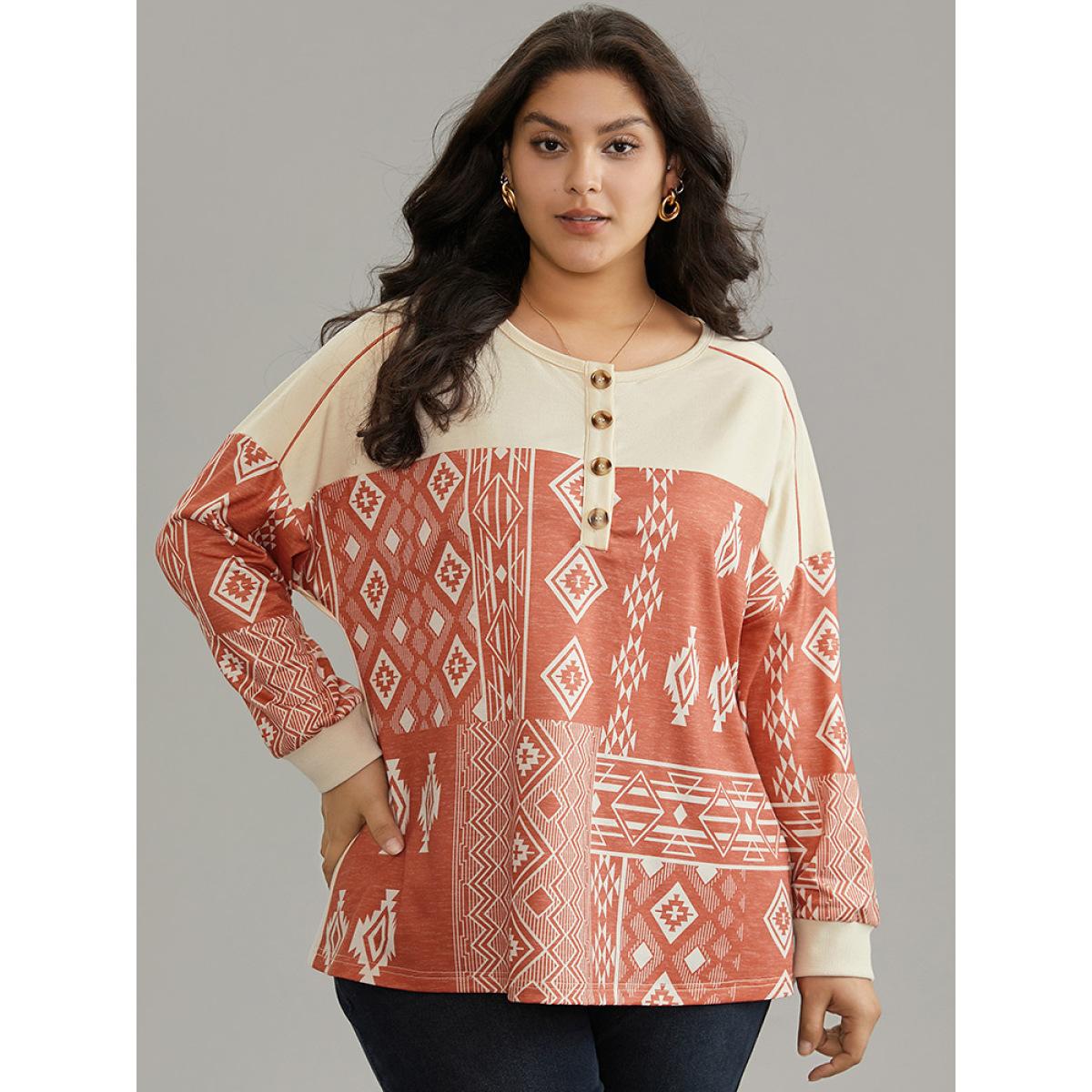 Plus Size Boho Print Patchwork Contrast Button Up Sweatshirt Women Multicolor Casual Contrast Open Front Dailywear Sweatshirts BloomChic 18-20/2X Product Image