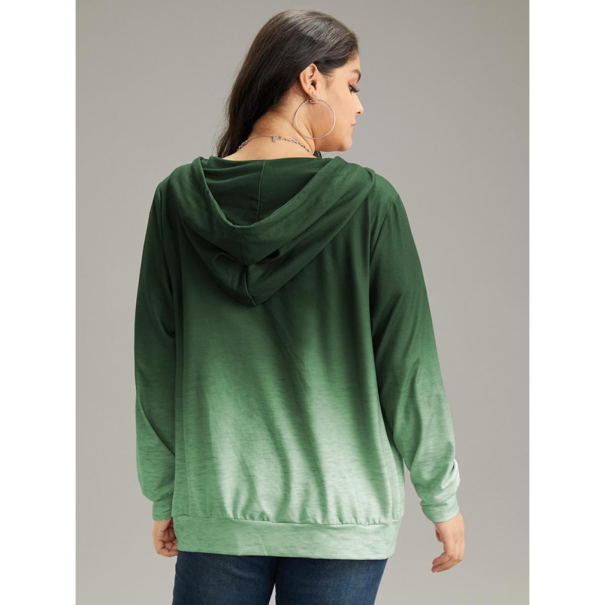 Plus Size Ombre Hooded Zipper Drawstring Sweatshirt Women DarkGreen Casual Zipper Hooded Everyday Sweatshirts BloomChic 26/4X Product Image
