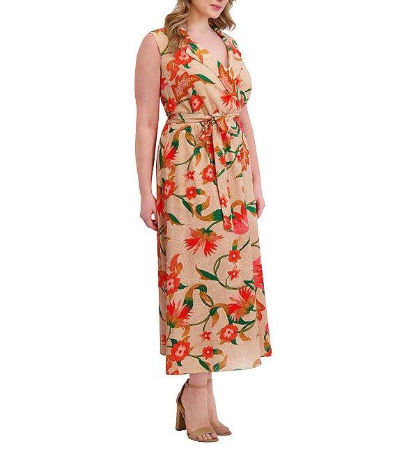 Kensie Plus Size Floral Print Belted Textured Woven Dress Product Image