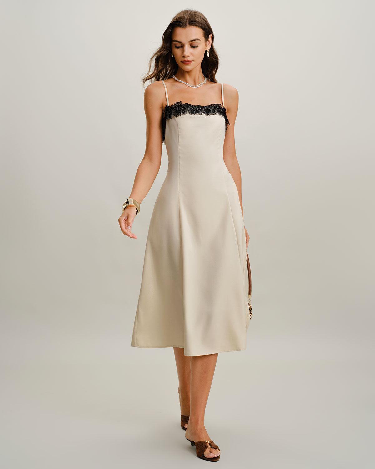 White Lace Contrasting Slip Midi Dress Product Image