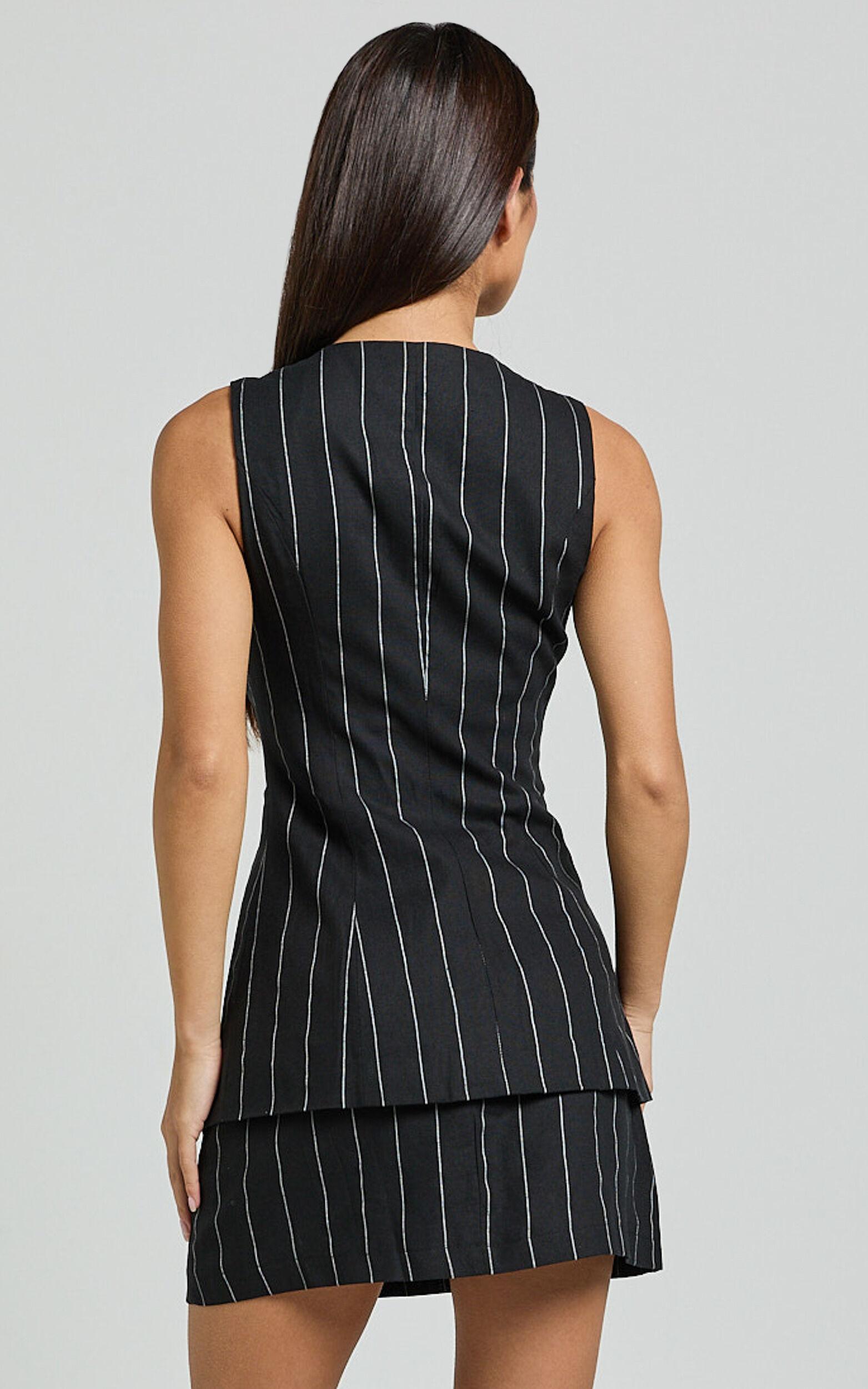 Calvin Two Piece Set - Tailored Linen Scoop Neck Vest Top and A Line Mini Skirt Set in Black Product Image