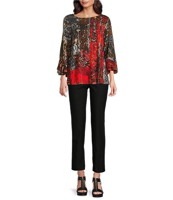 Ali Miles Paisley Animal Floral Print Round Neck 3/4 Ruffle Sleeve Tunic Product Image
