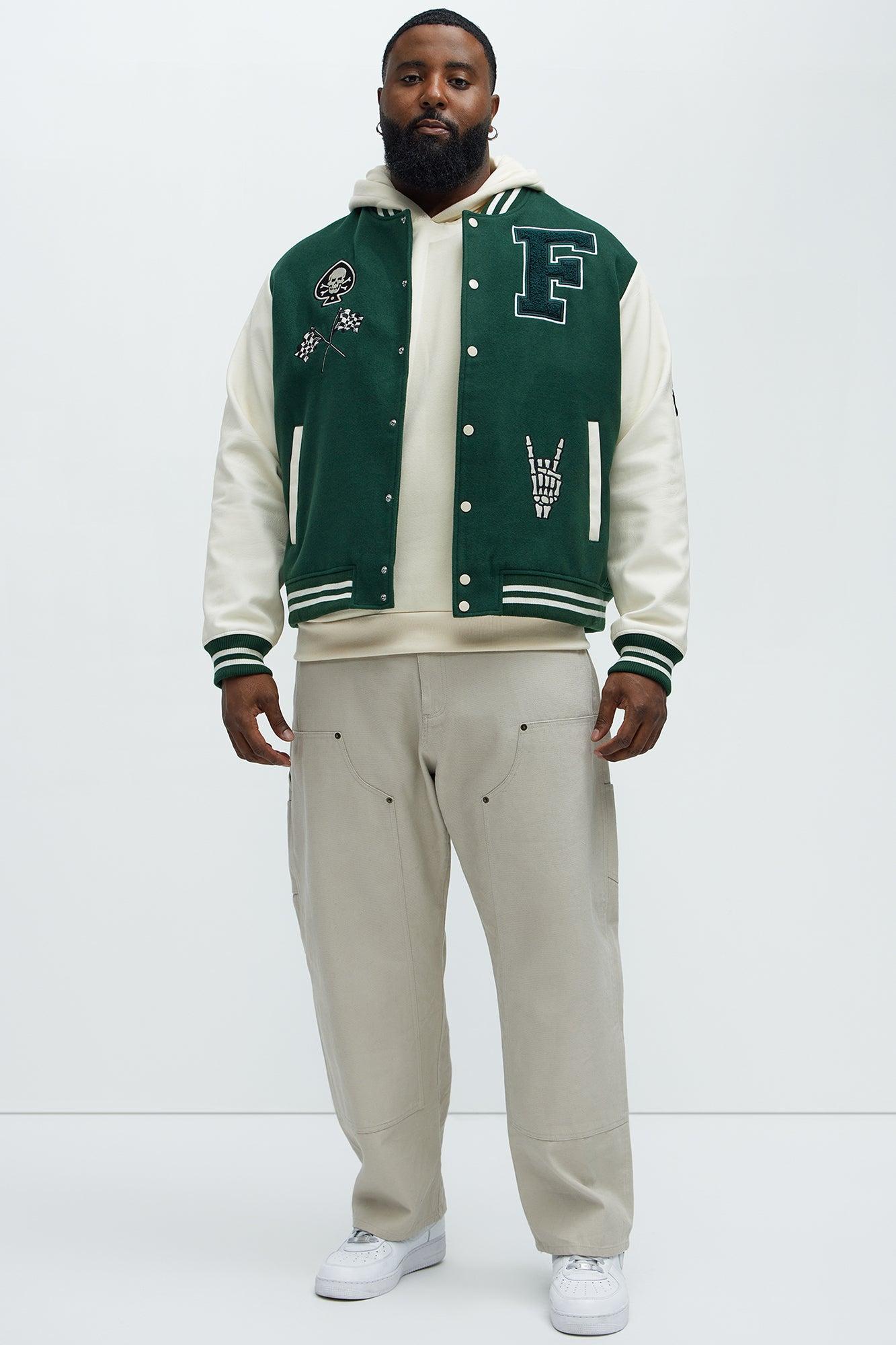 Biker Faux Leather Varsity Jacket - Green/combo Product Image