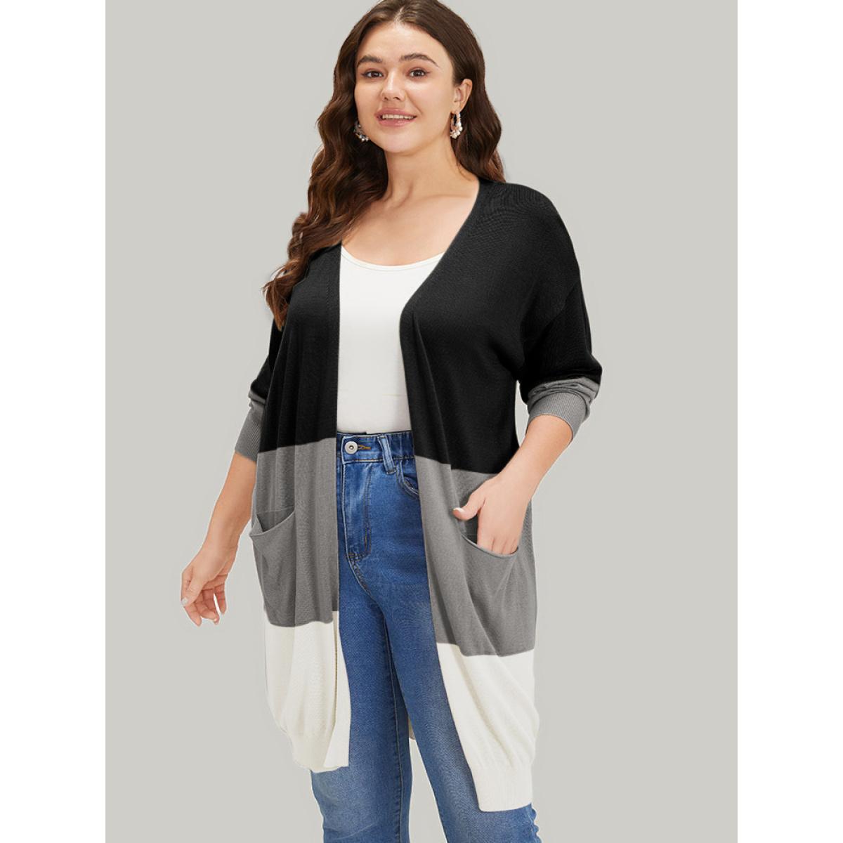 Plus Size Supersoft Essentials Colorblock Pocket Tunic Cardigan Black Women Casual Loose Long Sleeve Everyday Cardigans BloomChic 28/5X Product Image
