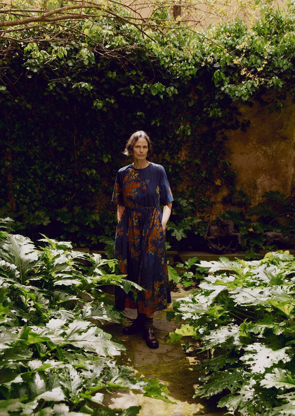 Botanical Shadow Print Cotton Dress | Shadow Blue Product Image