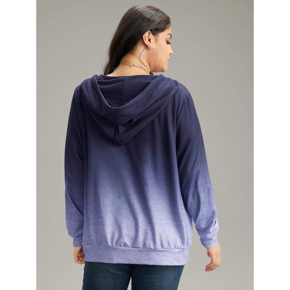 Plus Size Ombre Hooded Zipper Drawstring Sweatshirt Women DarkBlue Casual Zipper Hooded Everyday Sweatshirts BloomChic 10/M Product Image