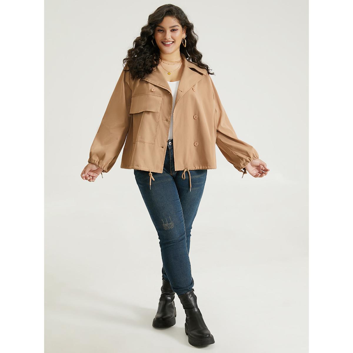 Plus Size Lapel Collar Drawstring Pocket Button Detail Coat Women LightBrown Elastic cuffs Pocket Dailywear Jackets BloomChic 26/4X Product Image