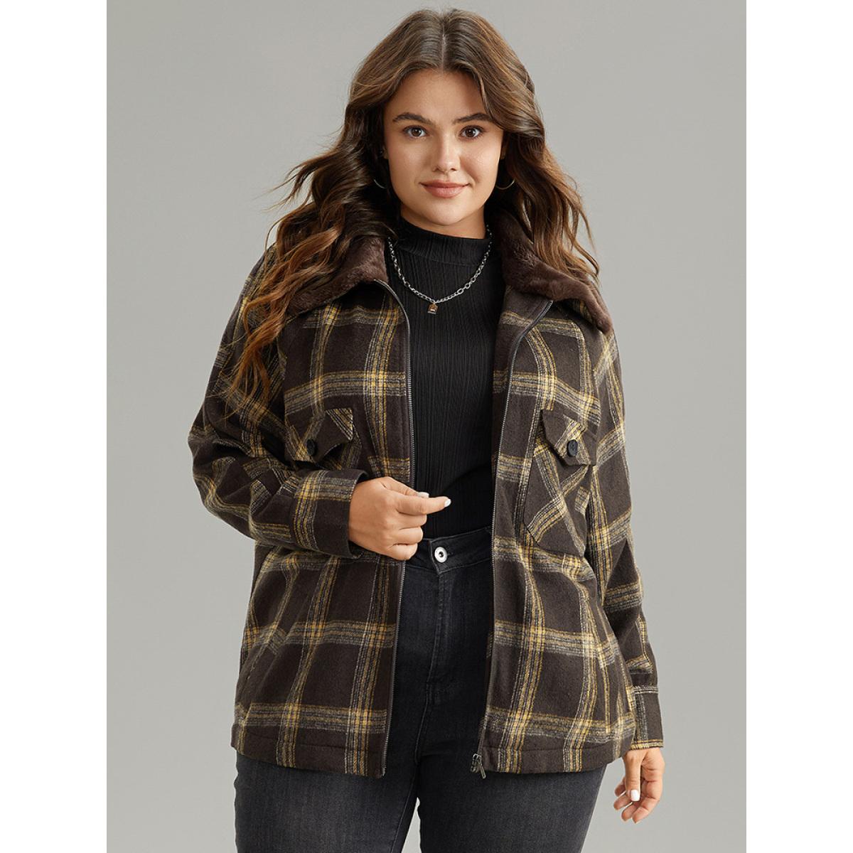 Plus Size Plaid Patchwork Fuzzy Trim Zipper Fly Coat Women DarkBrown Casual Contrast Ladies Everyday Winter Coats BloomChic 28/5X Product Image