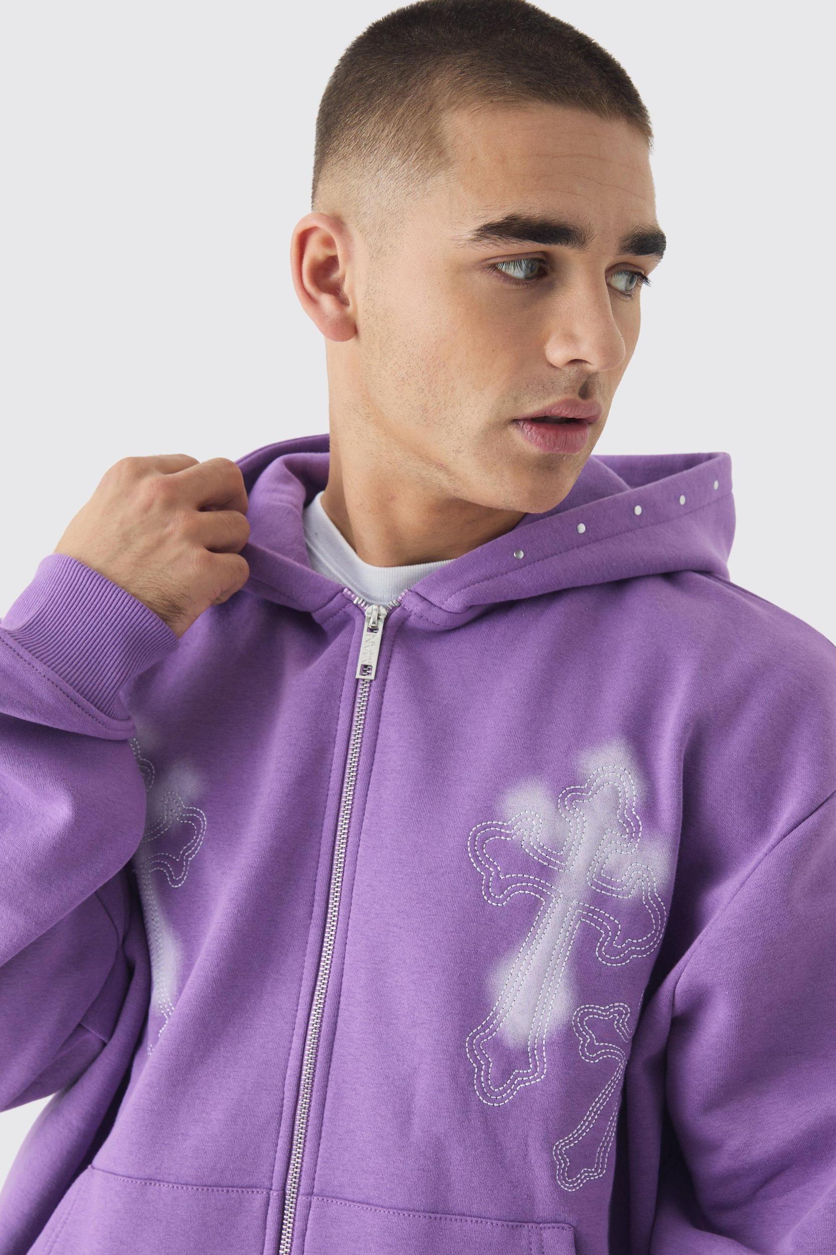 Oversized Boxy Cross Embroidered Zip Through Hooded Tracksuit | boohooMAN USA Product Image