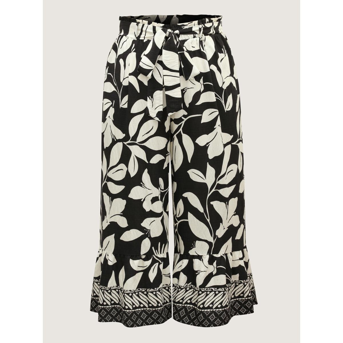 Plus Size Leafy Ruffled Hem Belted Wide-Leg Pants Women BlackFlower Resort Wide Leg Mid Rise Vacation Pants BloomChic 12/L Product Image